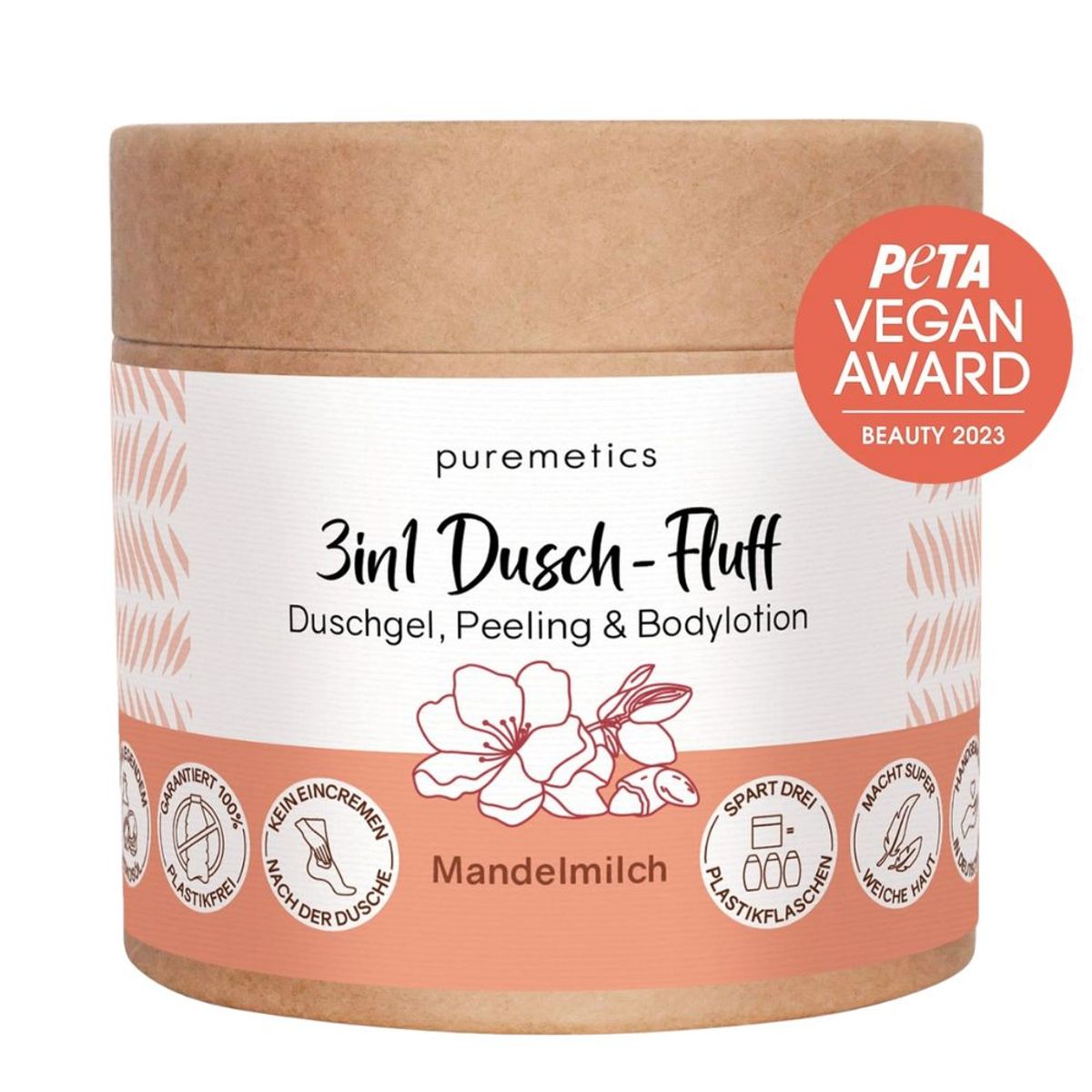 Puremetics 3-i-1 Dusch-Fluff dusjsåpe «mandelmelk»